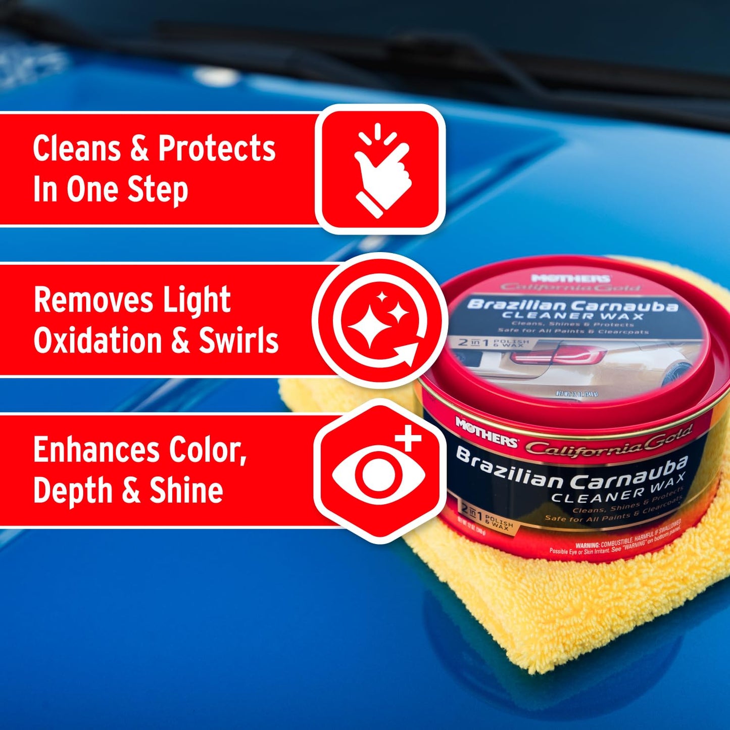 Mothers California Gold Brazilian Carnauba Cleaner Wax, 12 oz. Paste – Cleans & Waxes in One Step, Removes Oxidation & Swirls, Premium Carnauba Shine & Protection for All Paint Finishes (05500)