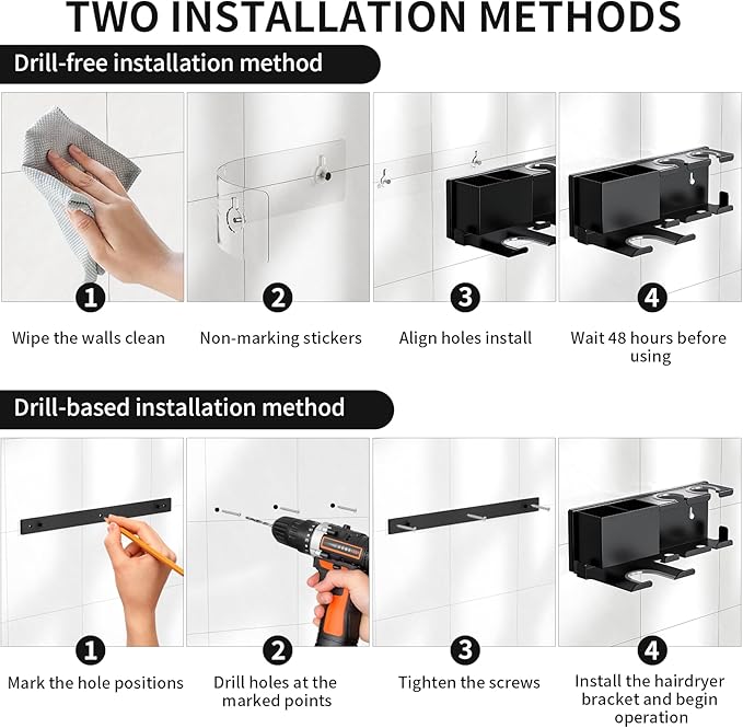 YSD Hair Dryer Holder Wall Mounted, Metal Hair Tools Organizer, Hair Dryer Holder for Blow Dryer, Curling Iron, Straightener, 3 in 1 Bathroom Hair Tool Organizer, Black