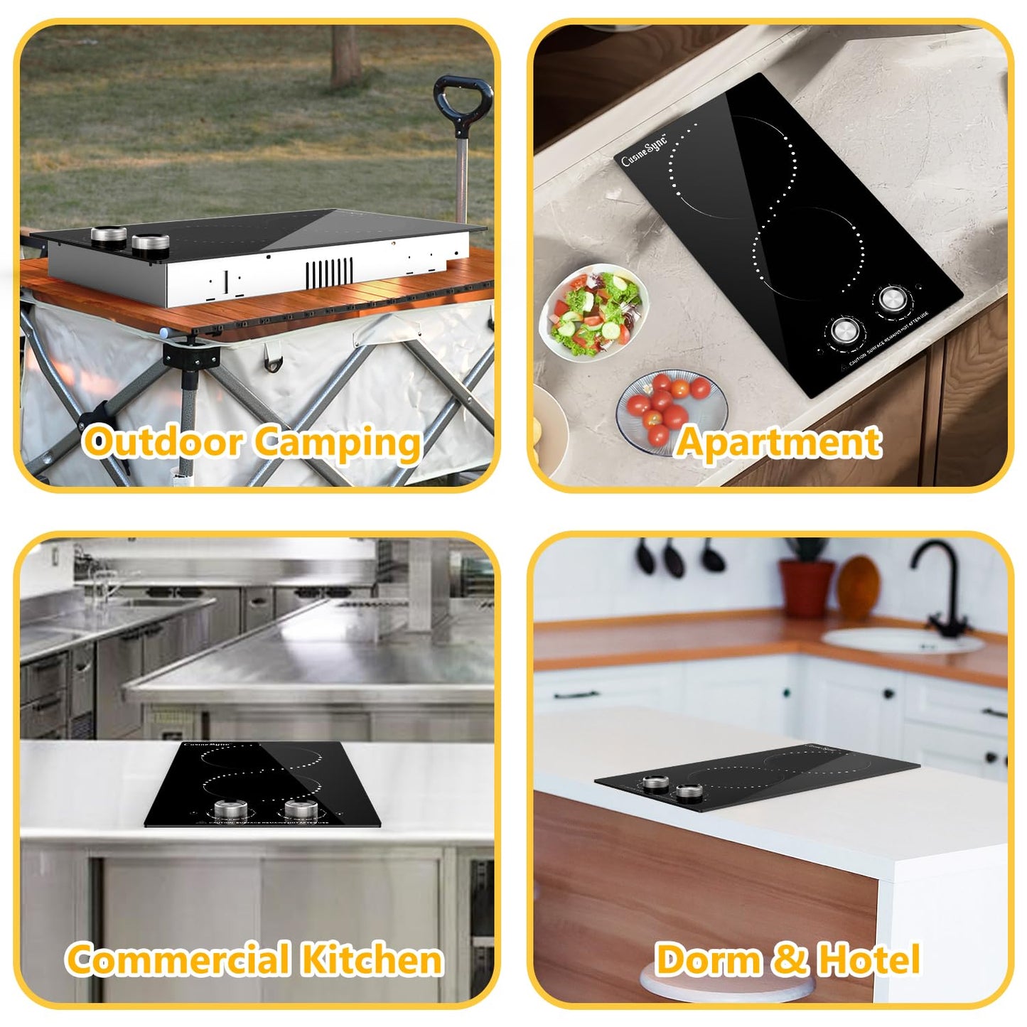 Cusinesync Portable Electric Cooktop 2 Burner 110V Plug in, 12 Inch 2000W Electric Stove Top with Knob Control, Countertop or Built-in Ceramic Hot Plate, for RV Dorm Apartment Kitchen Cooking
