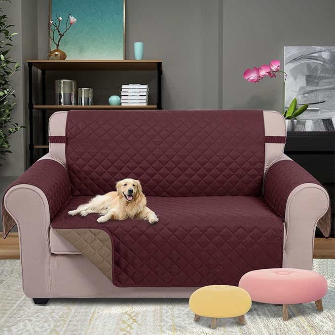 U-NICE HOME Loveseat Sofa Cover Reversible Couch Cover for Dogs with Elastic Straps Water Resistant Furniture Protector for Pets Couch Cover for 2 Cushion Couch (Loveseat, Burgundy/Tan)