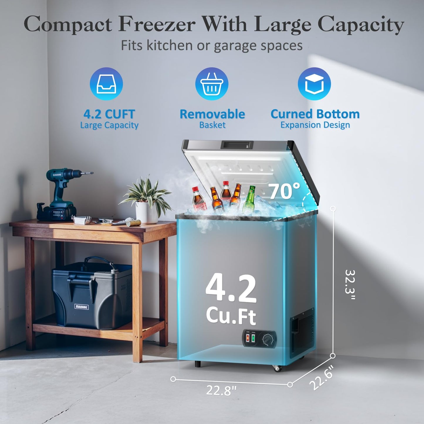 4.2 Cu.Ft Deep Chest Freezer, Small Deep Freezer with Adjustable Thermostat, Top Open Door Freezer with Removable Basket, Quiet Operation, Ideal for Kitchen, Apartmen,Office, Shop, Bar, Gray