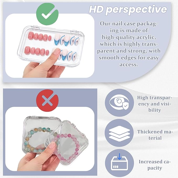 Press on nail storage Large Acrylic Nail Storage Box - Portable Versatile Organizer for Press - On Nails, Jewelry and More with 90 Pcs Adhesive Double Sided Tape 12 PCS