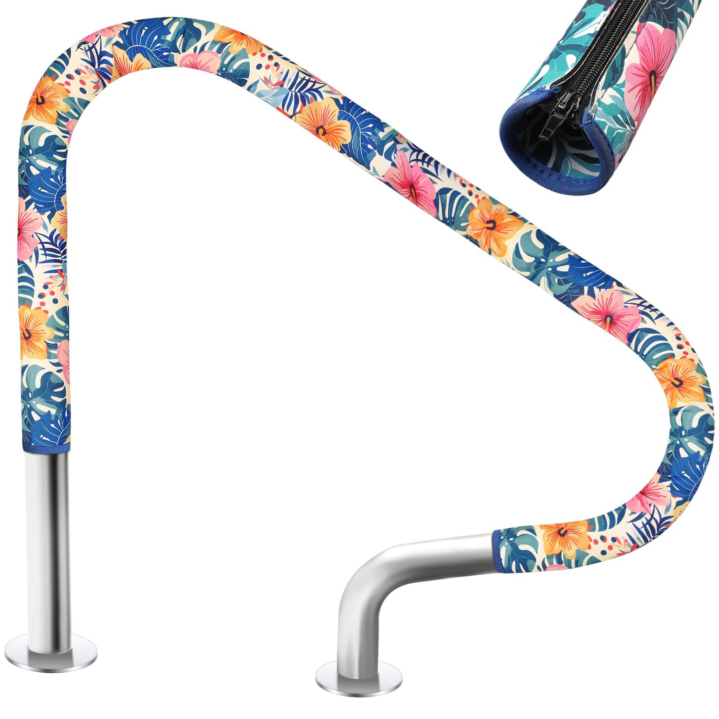 Junkin Pool Handrail Cover 8 ft Swimming Pool Ladder Hand Rail Cover with Zippers Slip Resistant Railing Hibiscus Flowers Rail Grip for Inground Pools Swimming Hand Railing