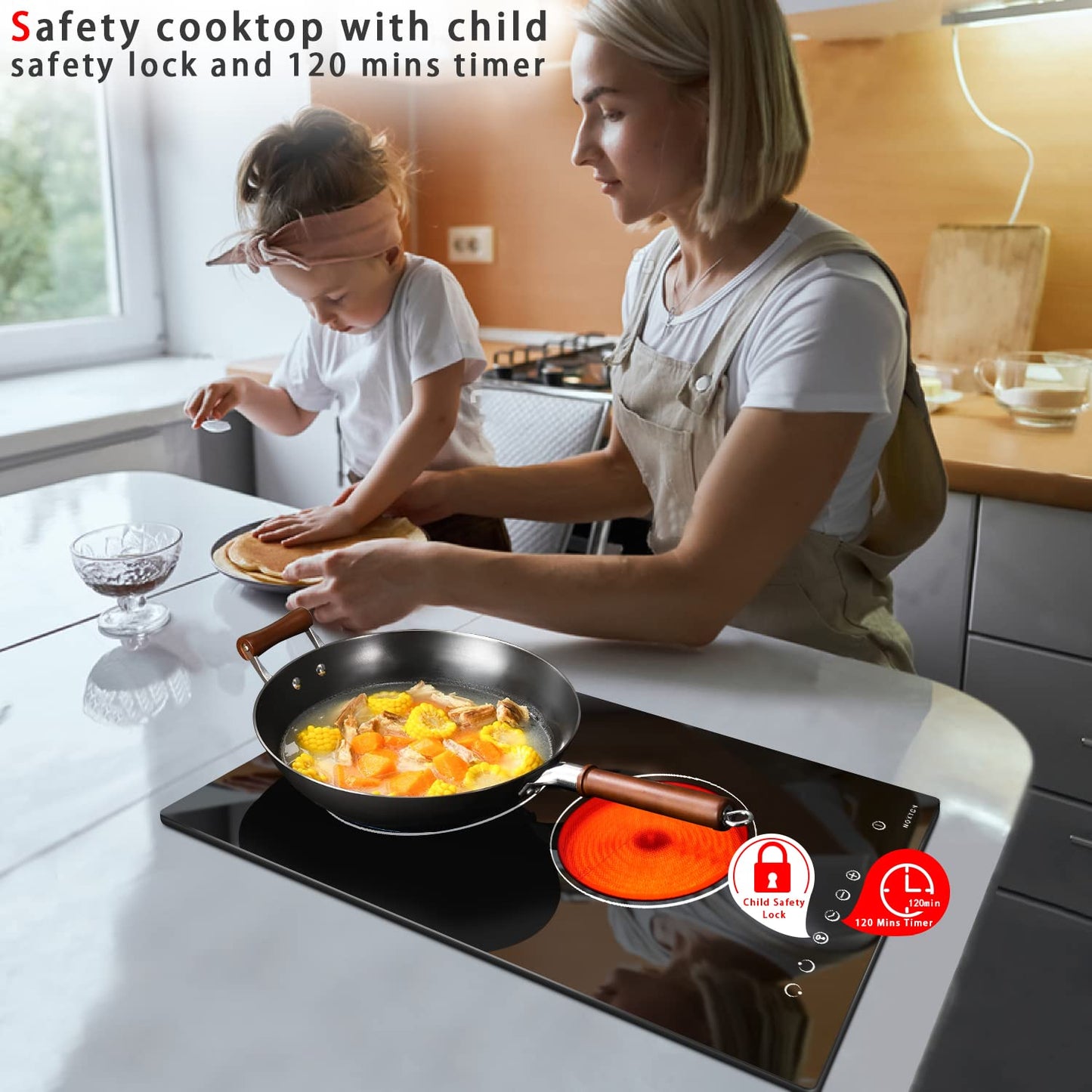 Noxton 30”Electric Cooktop with Downdraft Vent, 4 Burner Radiant Stove Top, 6000W, 240V Hardwired, 9 Heat Settings, 99-Min Timer, Pause & Child Lock(No Exhaust Pipe Required)