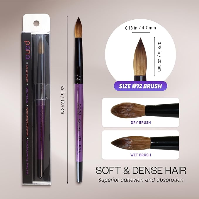 PANA Pure Kolinsky Hair Acrylic Nail Brush - Round Shape Black Ferrule with Purple Wood Handle (Size 12) - for Acrylic Nail Application Nail Extension Manicure Pedicure Salon Beginner and Professional