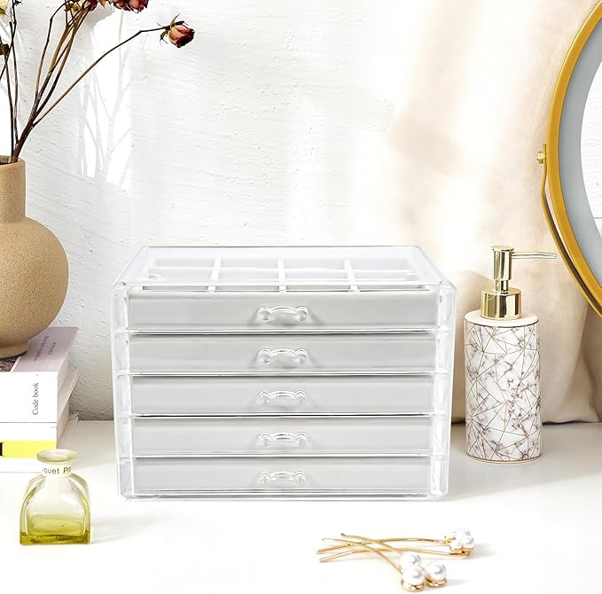 ProCase Earring Holder Organizer Jewelry Box with 5 Drawers, Acrylic Clear Earring Case with Adjustable Velvet Trays for Women - Warmwhite,5 Layers