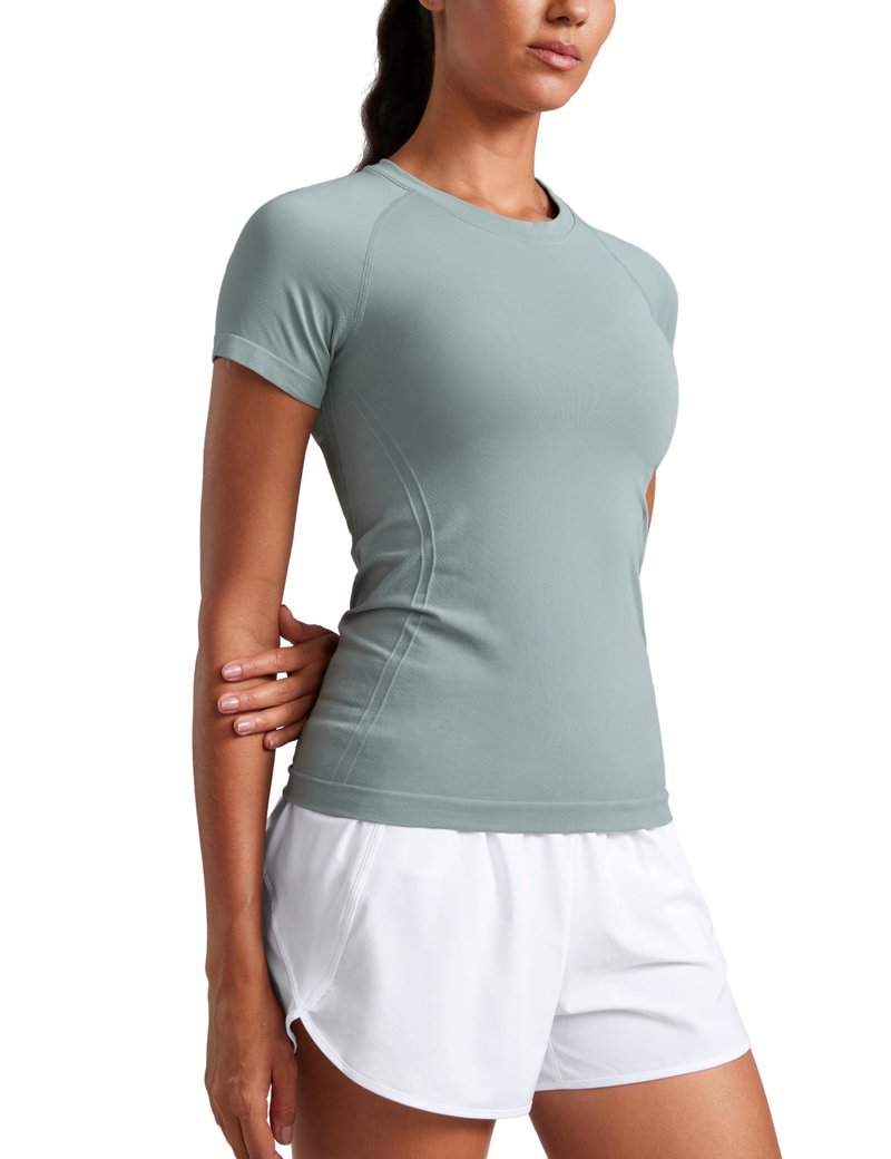 CRZ YOGA Seamless Workout Tops for Women Hip Length - Athletic Running Gym Yoga Short Sleeve Shirts Breathable Crewneck Tees Green Palm Court XX-Small