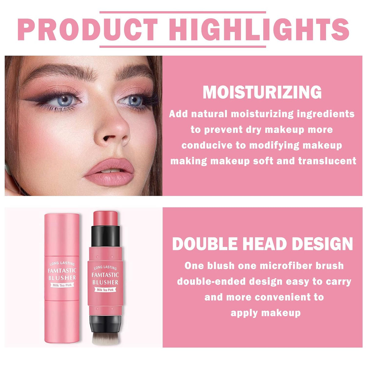 Cream Blush Stick with Brush,Waterproof Blush Makeup,Long Lasting 3 In 1 Cheek Blush & Lip Tint & Eye Shadow Makeup Stick,Easy To Use Blends Effortlessly,Cream Blush Makeup for All Skin Tones - Cherry Pink