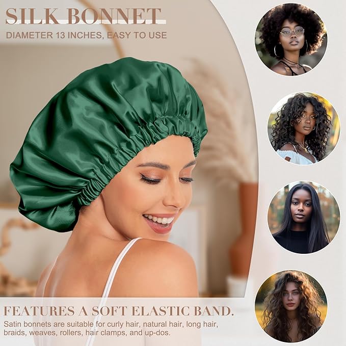 Satin Bonnet Silk Bonnet Hair Bonnet for Sleeping-Slouchy Beanie Hat Satin Sleep Cap for Women's Natural & Curly Hair(Blackish Green)