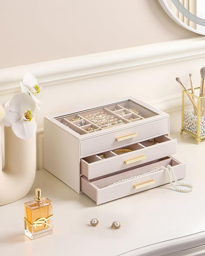 Lolalet Jewelry Box Organizer, 3-Layer Jewelry Organizers and Storage Case with Glass Lid, Ring Earring Bracelet Necklace Holder Organizer, Birthday Valentine Gifts for Women Girls -3Layer, Beige
