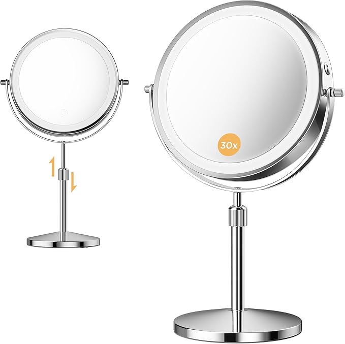 Makeup Mirror, 1X/30X Magnification with 3 Level LED Lights, 5000 mAh Rechargeable Double Sided 9” Magnifying Mirror with 360° Rotation, Perfect for Precision Grooming and Makeup, Women Gift