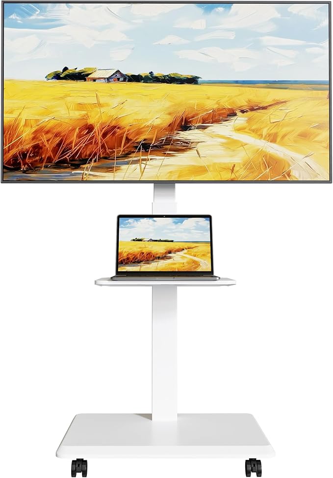 ECOTINY Steel Base Rolling TV Stand for 32-75 inch TVs up to 110 lbs, Leveling & Tilt & Swivel Mobile TV Stand with Hidden Wire Management, Height Adjustable Portable Tv Stand with Steel Shelf, White