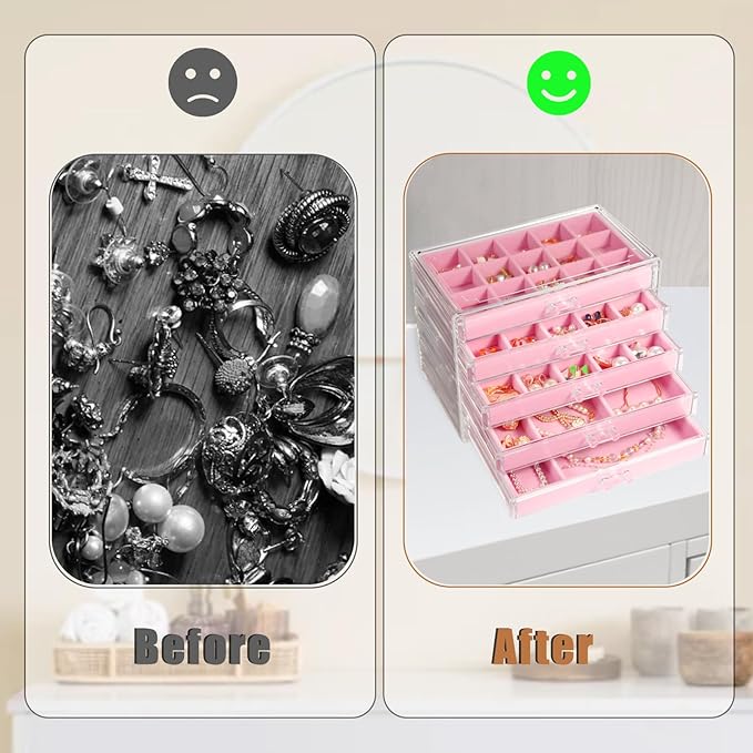 5 Drawers Clear Jewelry Box for Women and Girls, Acrylic Earring Holder Organizer Ring Holder Display Storage, Pink