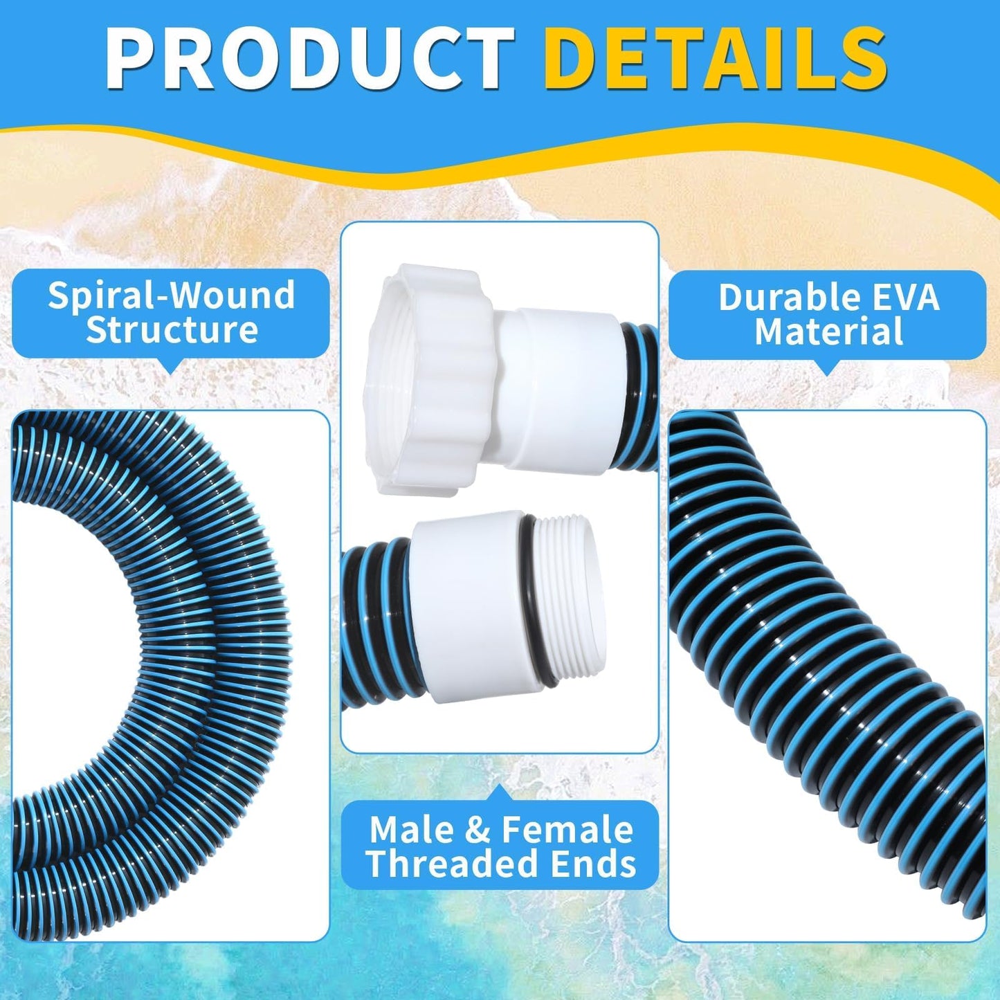 Conderyang 1.5" 15ft EVA Pool Professional Hose with External Male Threads for Above Ground Pools Pump Replacement Hose Pool Supply for Cleaner Kit Heavy Duty Hoses Filter Connection Hoses(Blue)