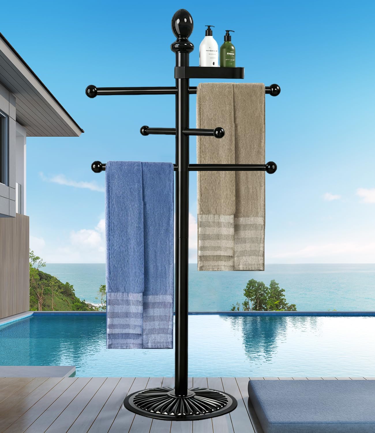 Yozoluck Pool Towel Rack Outdoor, 6 Bars Metal Heavy Duty Never Tilt Pool Accessories with Heavy Metal Base, Hot Tub Accessories Towel Dying Rack Towel Stand for Pool, Spa