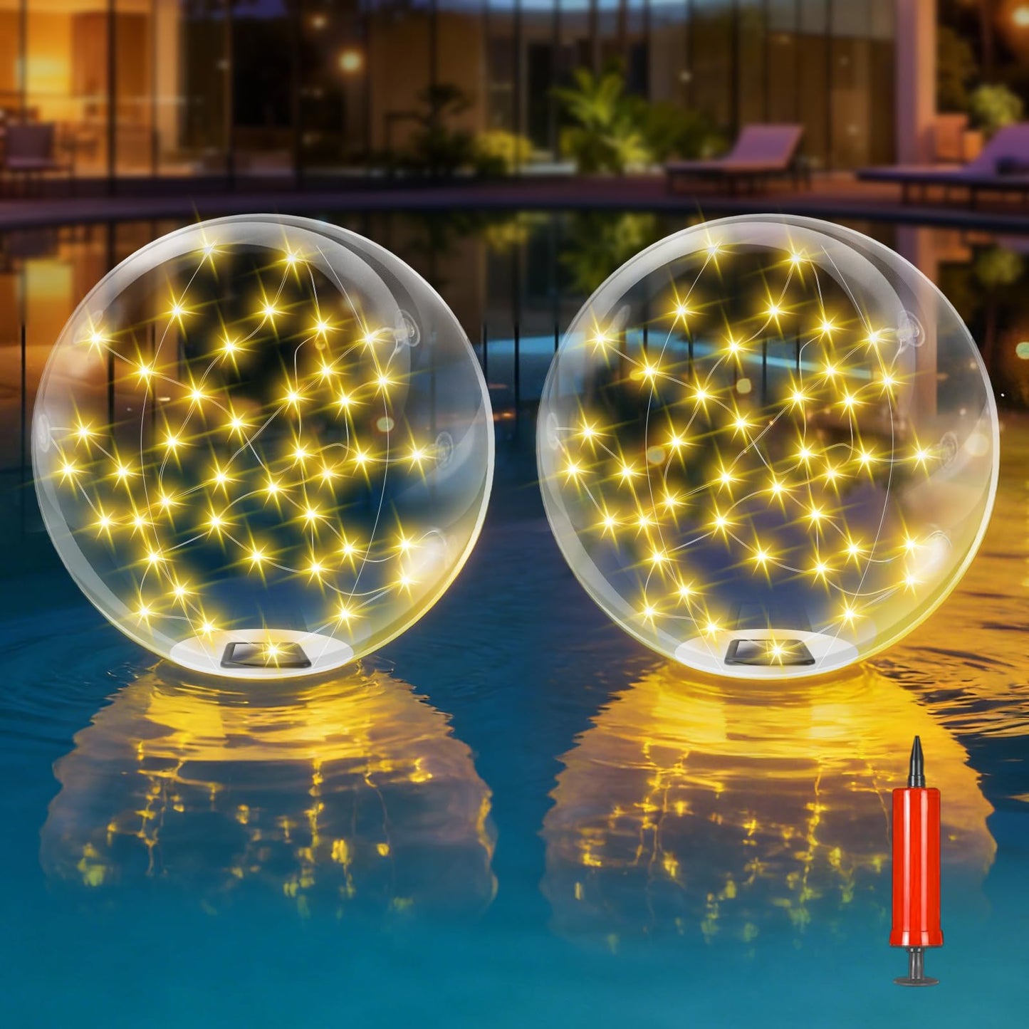 2026 New 2 Pack Floating Pool Lights, Warm White Solar Powered Pool Ball Lights That Float with 8 Modes, IP68 Waterproof Light Up Inflatable LED Balls for Pools Outdoor Party Wedding Yard Decorations