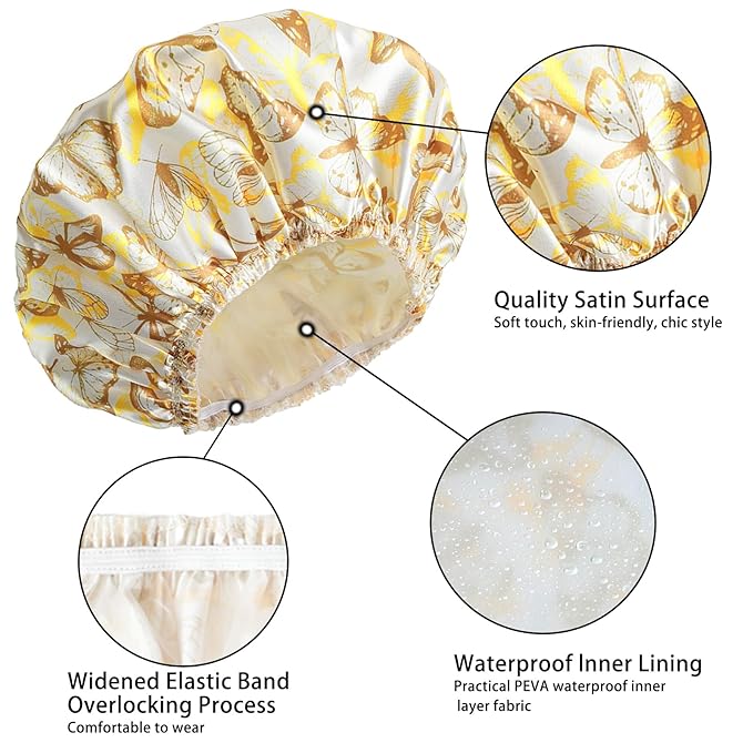 Shower Cap for Women,4 PCS Elastic and Reusable Bath Caps, Double Layers Shower Caps Reusable Waterproof, Bathing Shower Caps, Environmental Bath Hair Protection Cap - Butterfly D