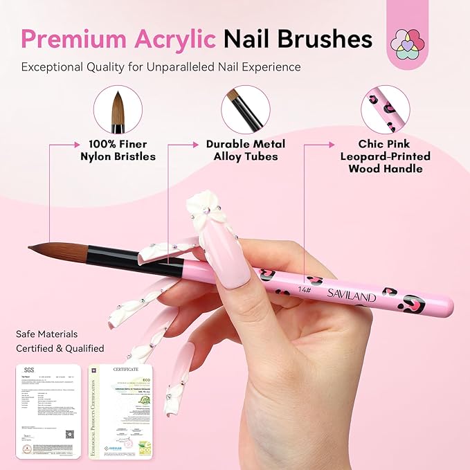 SAVILAND Acrylic Nail Brush Set: 3 Pcs Acrylic Brushes for Nails, Size 8/10/14 Professional Nail Art Brushes for Acrylics Powder Application, Acrylics Kit Set for Nails Extension 3D Caving DIY