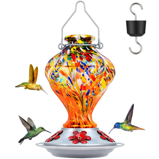 Hummingbird Feeder, BOLITE Glass Hummingbird Feeders for Outdoors Hanging, Hand Blown Twisted with Ant Moat, 5 Bee-Proof Ports, 360Â° Perch, Leak-Proof, 24oz, Orange, Gifts for Mom Dad Women Men