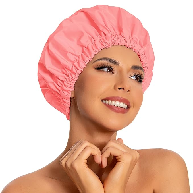 Reusable Shower Cap for Women, Large Waterproof Shower Bonnet with Elastic Band, Washable Bath Hair Cap for Long, Curly Hair, Braids, Daily Shower, Home Spa, Travel(Orange Pink)