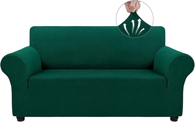 Asnomy Sofa Covers for 2 Cushion Couch Stretch loveseat Covers Slipcovers, Pet Protector Furniture Covers for Dogs Cats Spandex Jacquard Fabric Small Checks （Medium，Blackish Green）