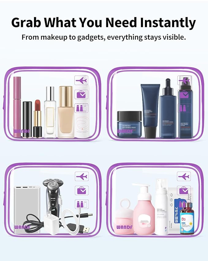 WANDF TSA Approved Toiletry Bag, 2 Packs Travel Clear Toiletry Bag, Quart Size Makeup Cosmetic Pouch with Zipper, Carry-On Airport Compliant Bag for Women and Men (2pcs Purple)