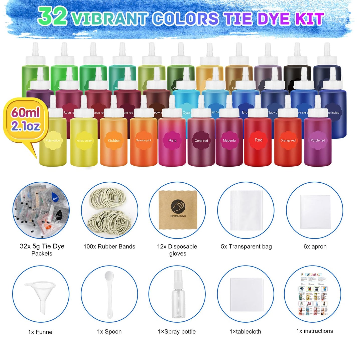 Tie Dye Kit 32 Color All-in-one Clothing Dye Kit, Permanent Fabric Dye for Kids, Adults, Large Group Handmade Party Activity, DIY Bright Neon Tye Dye Accessories
