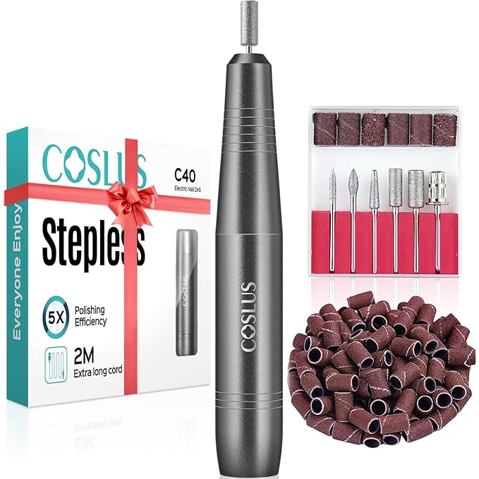 COSLUS C40 Electric Nail Drill File Professional: for Acrylic Gel Dip Powder Nails Portable Nail Drill Machine Kit Manicure Pedicure Tools Polishing Set with Nail Drill Bits Sanding Bands