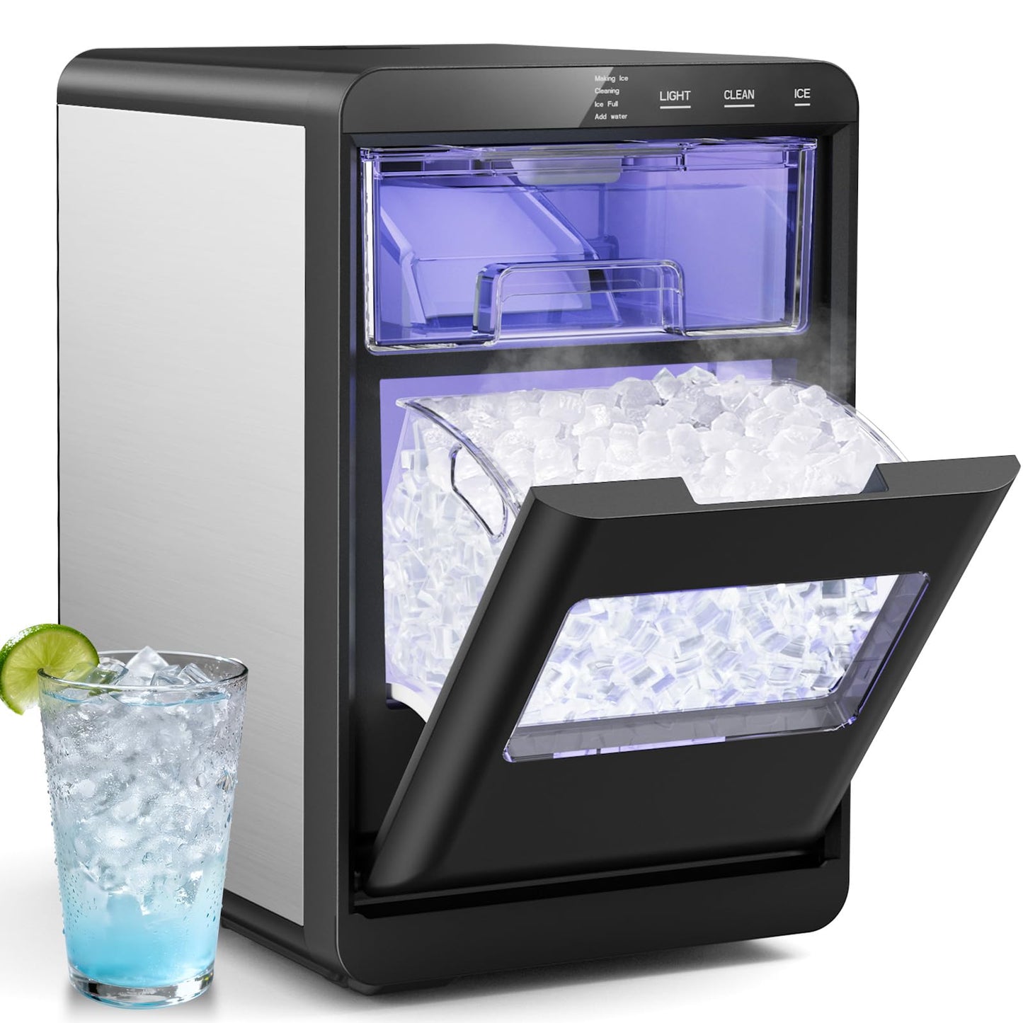 43lbs/24h Nugget Ice Maker Chewable Ice Ready in 5-10Mins, Self-Cleaning Stainless Steel Countertop Ice Maker for Home, Kitchen, Office, Party