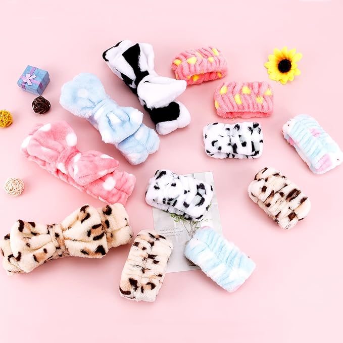 12PCS SPA Headband and Wristband Set Super Cute Soft Microfiber Makeup Headband for Women Girls Elastic Bow Skincare Headbands with Highly Absorbent Wristbands for Washing Face Shower