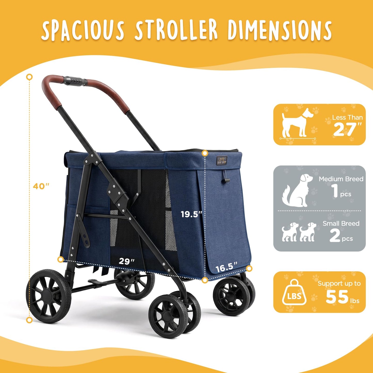 CANINE CANYON Scout Pet Stroller, Heavy Duty Dog Stroller for Large/Medium Dogs, Foldable Pet Stroller for 2 Small Dogs with All-Terrain Wheels, Storage Pocket & Cup Holder, 55 lbs Capacity, Navy Blue