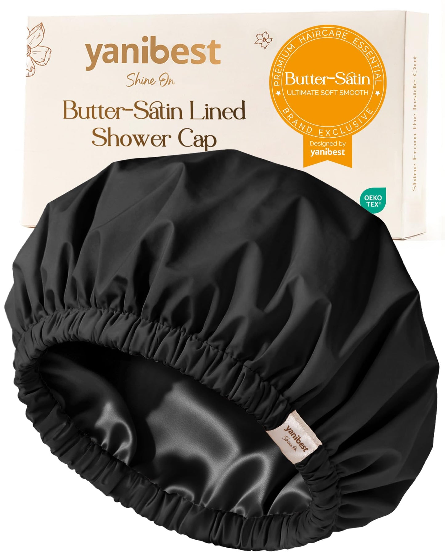 Yanibest Satin Lined Shower Cap for Women Reusable Waterproof, Frizz Free & Large Bath Cap with Soft Elastic Band, Luxury Hair Protection Caps (Black)