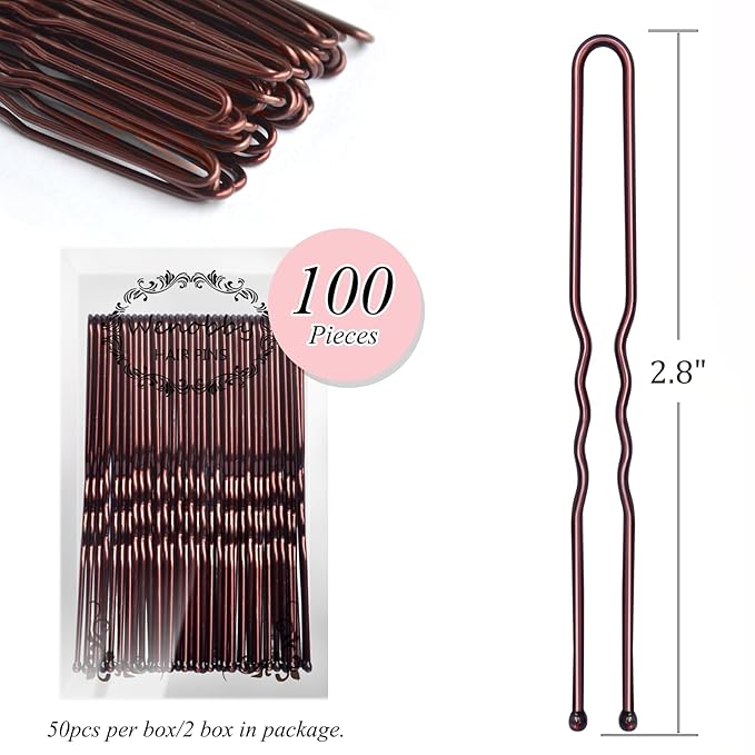 U Shaped Heavy Duty Hair Pins for Buns, 100 PCS 2.8" Brown Hair Pins for Women Hair Styling with Thick Hair