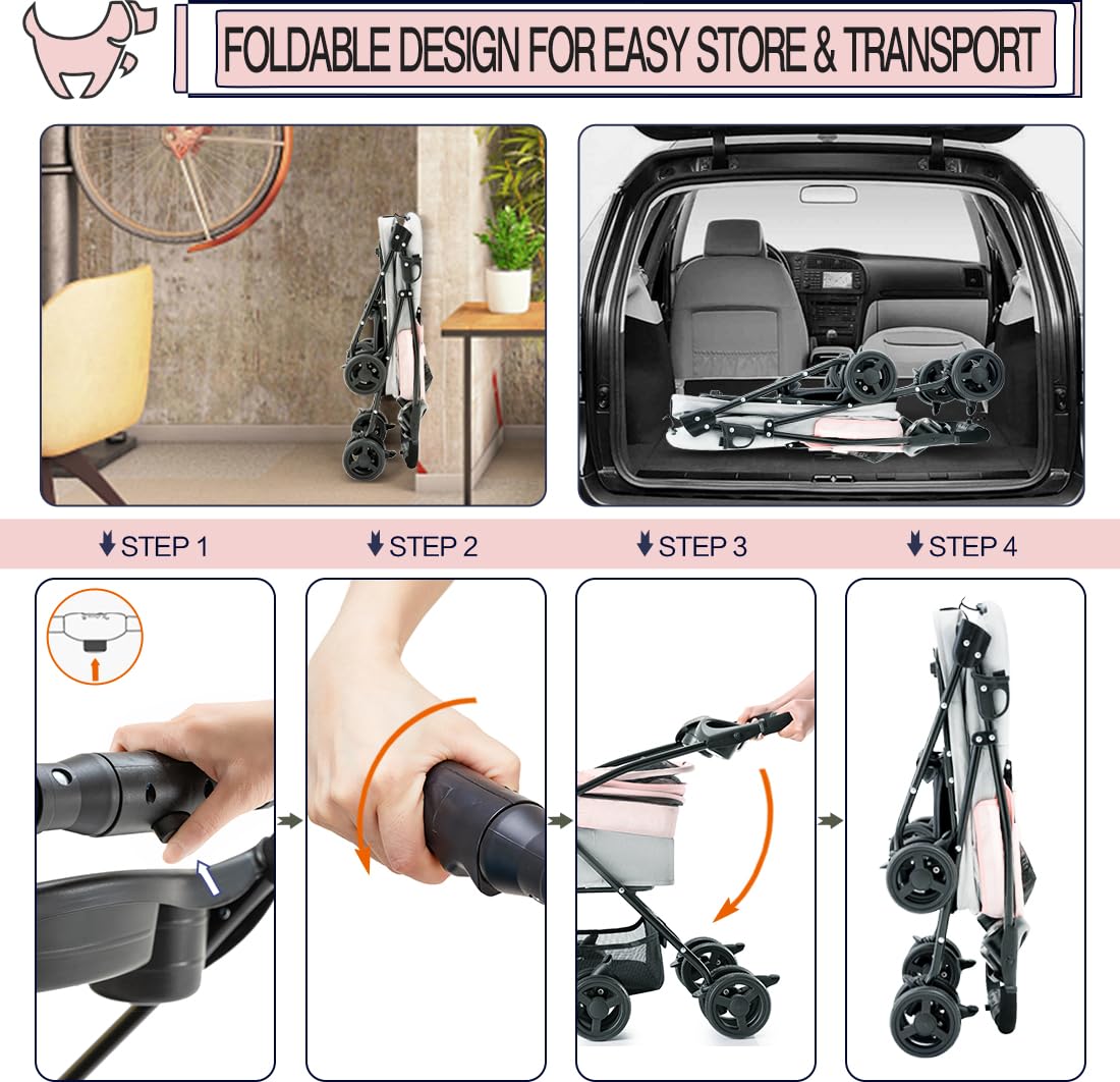 LPOTIUS 3-in-1 Pet Stroller for Small Dogs and Cats, Folding Lightweight Dog Stroller with Detachable Carrier Portable Cat Puppy Jogging Stroller with Cup Holder and Storage Basket, 4 Wheels