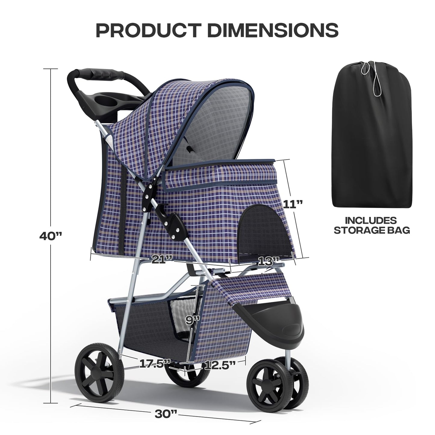 Pet Stroller for Small Dogs 10 lbs, Dog Stroller for Medium Dogs 30 lbs, Cat Strollers for 2 Cats, 3 Wheels Foldable Jogger Puppy Stroller with Storage Basket and Cup Holder, Plaid