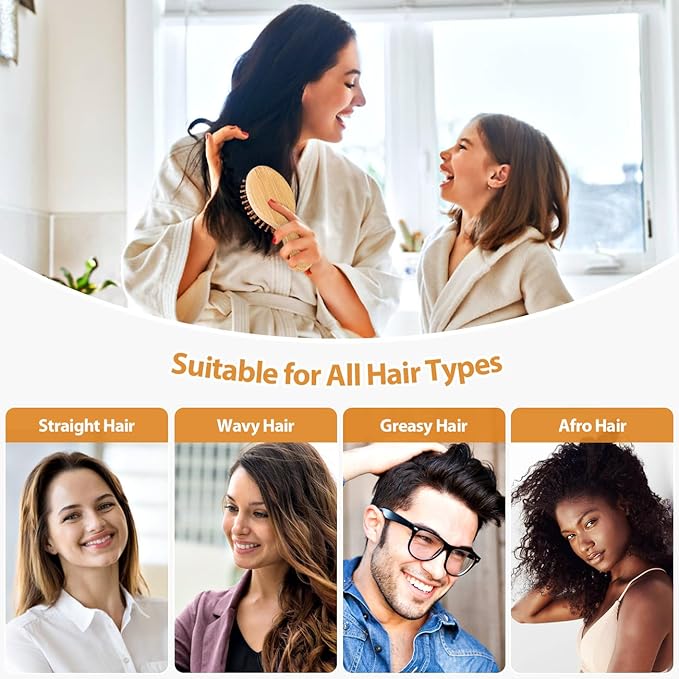 Pack of 2 Hair Brush with Natural Bristles, Massages Scalp Anti-Static Hair Detangle for All Types, Lightweight(MINI)