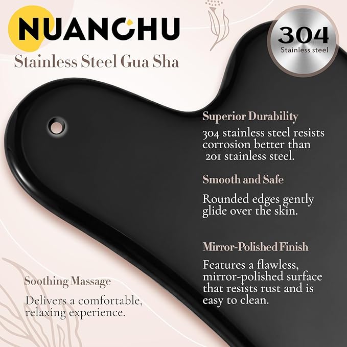 Nuanchu Stainless Steel Gua Sha Facial Tools Metal Guasha Tool for Face Body Jawline Shaper, Double Chin Reducer, Puffiness Reducing, Lymphatic Drainage Massager Skin Care Gift with Pouch(Black)