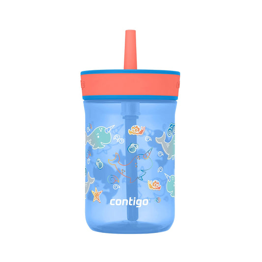 Contigo Kidsâ Leighton Straw Tumbler with Spill-Proof Leak-Proof Lid 14oz Blue Poppy/Narwhals