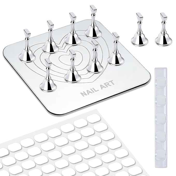 Nail Stand for Press Ons Display Practice for Acrylic Nails, Magnetic Fake Nail Tips Holder with Metal Base for Painting Tools, Designs with Reusable Double-Sided Tape for Home DIY Art Salon Supplies