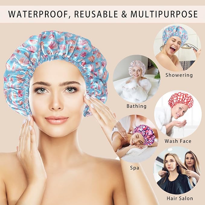 Shower Caps for Women, 4 PCS Elastic and Reusable Bath Caps, Double Layers Shower Cap Reusable Waterproof, Bathing Shower Caps, Environmental Bath Hair Protection Cap - Shell