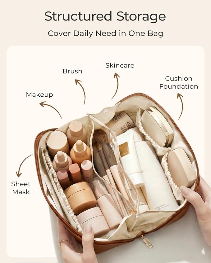 BAGSMART Makeup Bag Travel Cosmetic Bag, Large Make Up Bag Flat Open Toiletry Bag for Women, PU Leather Travel Essentials Organizer Case, Wide-open Pouch for Skincare, Brushes, Black Checkerboard