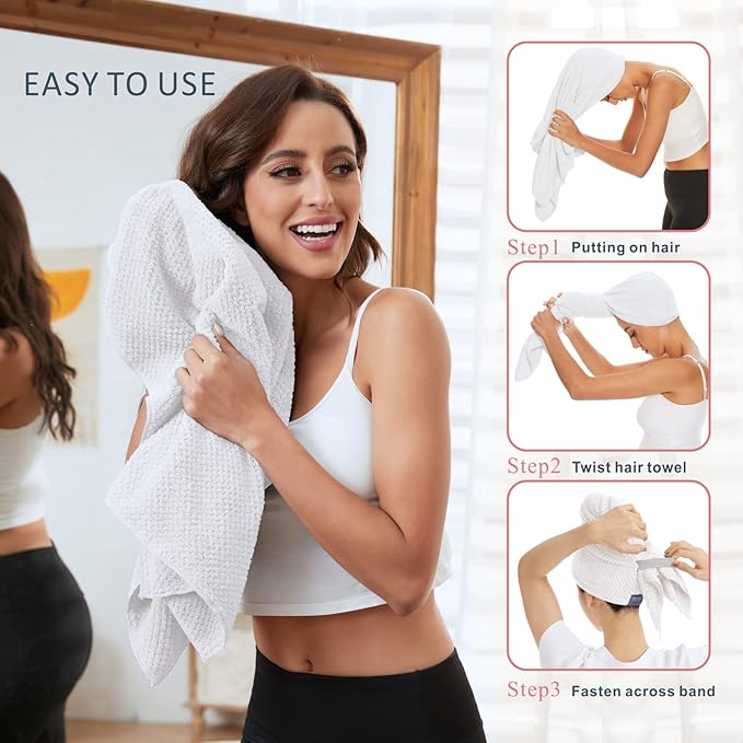 Large Microfiber Hair Towel Wrap for Women, Anti Frizz Drying Towel, Fast Dry Turban Wet Hair, Long, Thick, Curly Super Absorbent Soft Towels - White