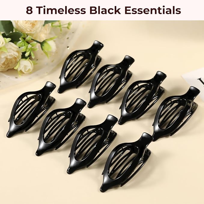 8 Pack Glossy Black Flat Hair Clips for Women – High-Shine Non-Slip Claw Clips, Strong Hold Minimalist Hair Accessories for Work, Travel, or Daily Styling