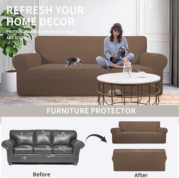 Easy-Going Stretch Oversized Loveseat Slipcover 1-Piece Sofa Cover Furniture Protector Couch Soft with Elastic Bottom for Kids Polyester Spandex Jacquard Fabric Small Checks Brown