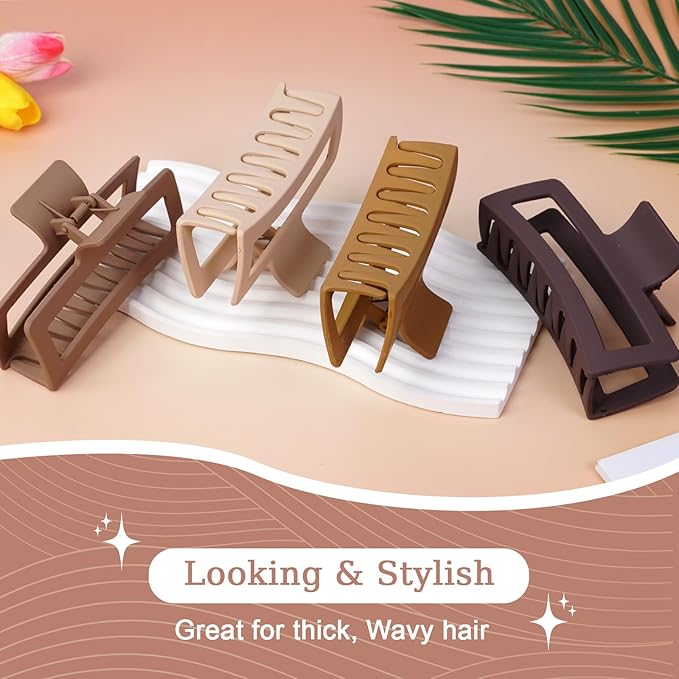 5 Inche Extra Large Claw Clips for Thick Hair and Long Hair,4-Pack Oversized Matte Big Hair Clips for Women, XL Jumbo Strong Hold Non-Slip Jaw Clips,Neutral Brown Color