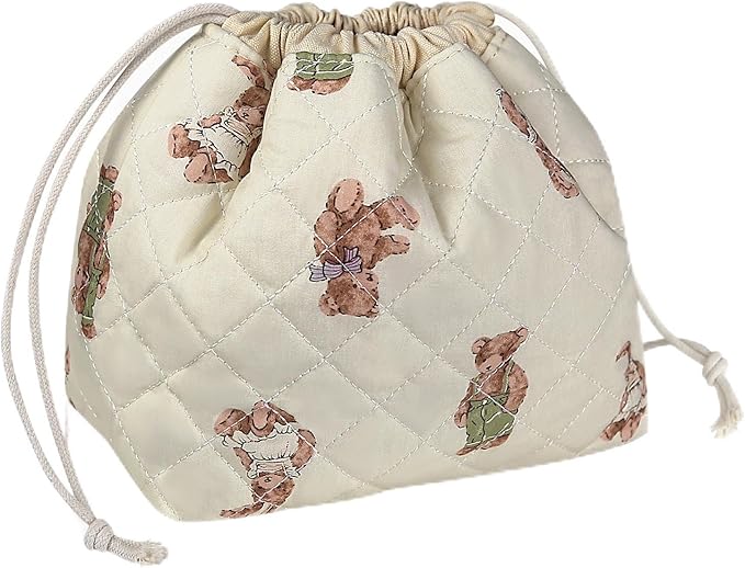 Gosect Large Makeup Bag, Cute Drawstring Cosmetic Bag with Canvas Lining, Floral Coquette Aesthetic Toiletry Bag, Travel Make Up Organizer Bag for Women and Girl (Bear