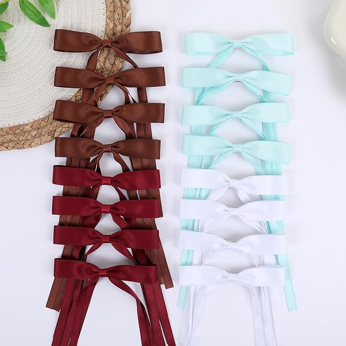 Hair Bows Clips Coquette Ribbon Bowknot with Long Tail Princess Hair Bows French Barrettes Hair Accessories for Women Girls 16PCS (Wine Red, White, Aquamarine, Brown)