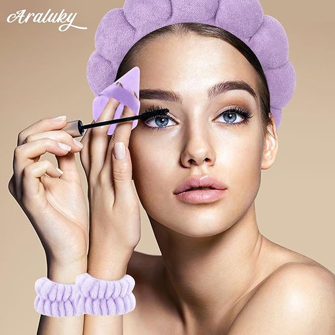 7Pc Puffy Spa Headband and Wristband Set for Washing Face, Skincare With Scrunchies, Powder Puffs, Sponge, Makeup Removal - Terry Cloth for Mask - Purple