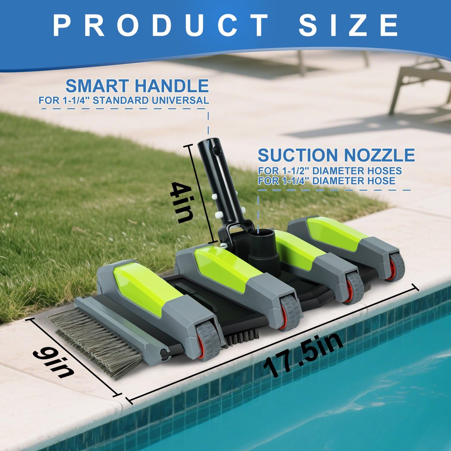 ROMIVO Heavy Duty Pool Vacuum Head with Soft Wheels, 17.5" Extra-Wide & 3.2LB Weighted, Flexible Side & Bottom Brush, Fit for 1.25" & 1.5" Hose, Deep Cleaning for Inground & Above Ground Pool, Gray