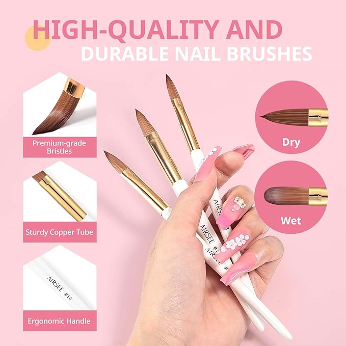 AIRSEE 3PCS Acrylic Nail Brush Set, Size 8/10/14 for Beginner & Professional Use for Acrylic Powder, Nail Art Extension & 3D Carving, 3A+ Nylon, DIY Salon Home, White